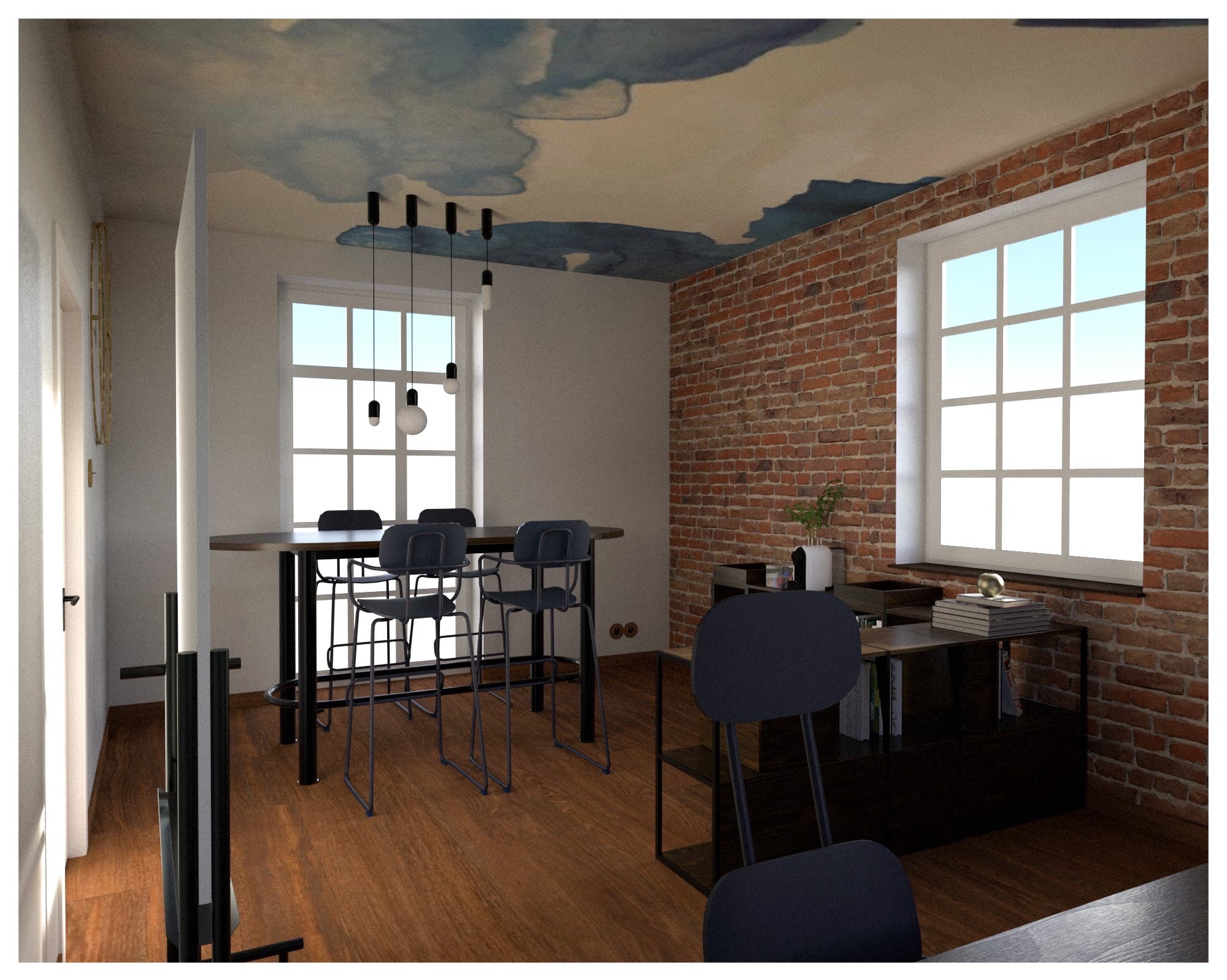 Loftowe wnętrze z ceglaną ścianą i sufitem w chmurki. Wysoki stół barowy z krzesłami, czarne regały i okno z widokiem na zewnątrz. Nowoczesny design.