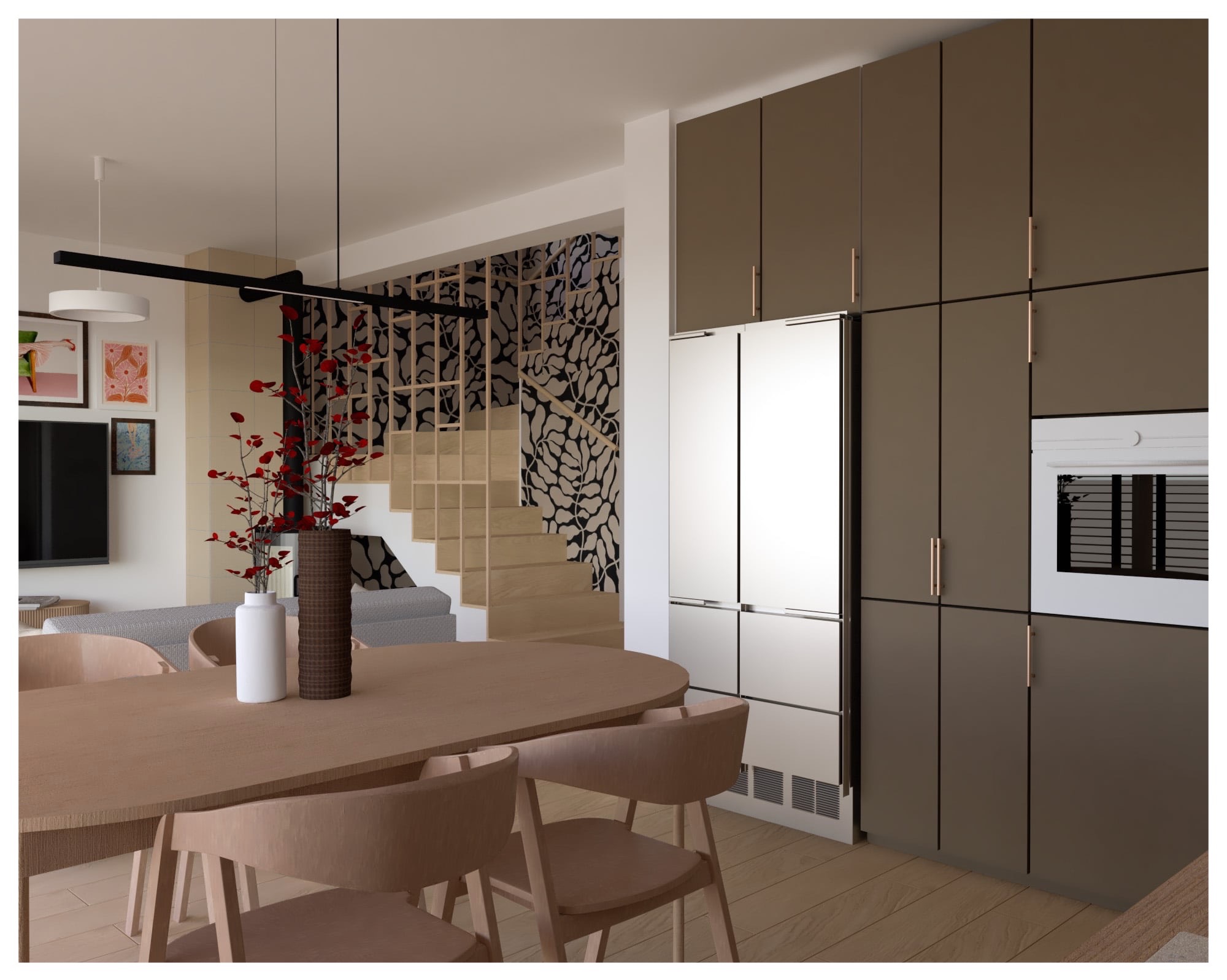 Nowoczesna jadalnia z drewnianym stołem i krzesłami, minimalistyczna zabudowa kuchenna w kolorze taupe, schody z dekoracyjną ścianą. Jasne, przestronne wnętrze.