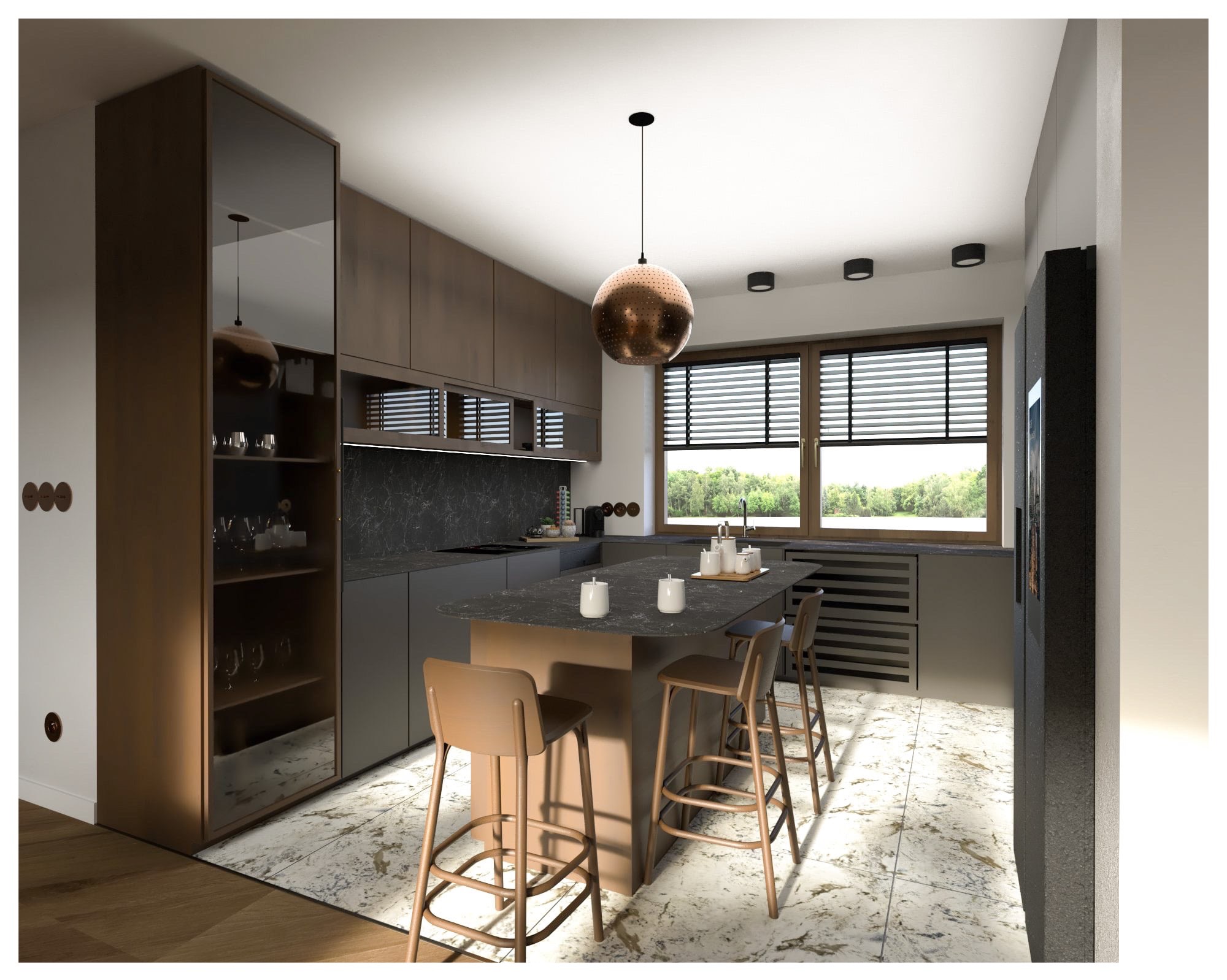 Nowoczesna kuchnia z wyspą i hokerami, utrzymana w stonowanej kolorystyce brązów i szarości. Marmurowy blat i podłoga dodają elegancji. Widok na zewnątrz przez okno.