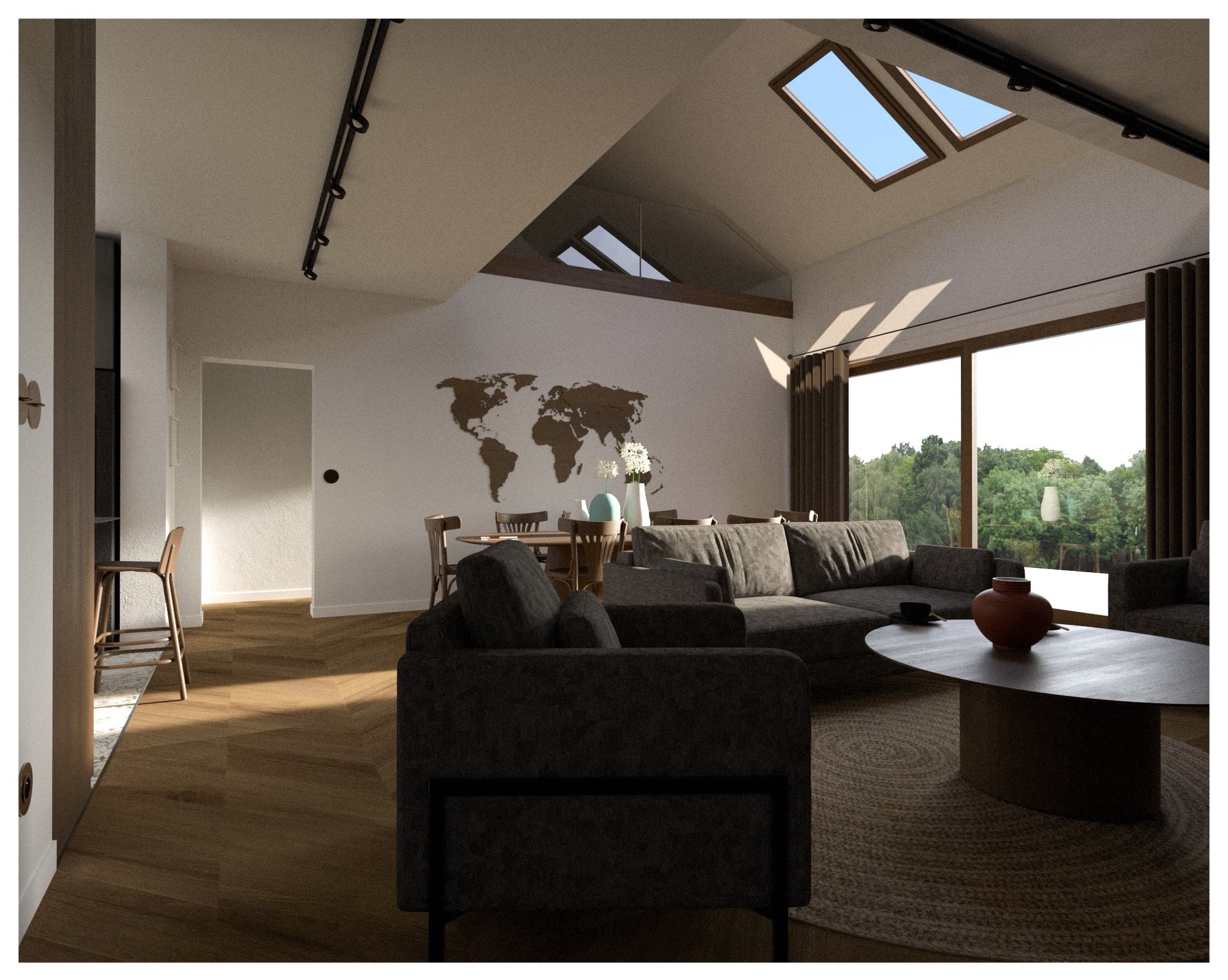 Jasne wnętrze z drewnianą mapą świata na ścianie, sofa narożna i okrągły stolik kawowy. Widoczne okna dachowe i duże okno z widokiem na zieleń.
