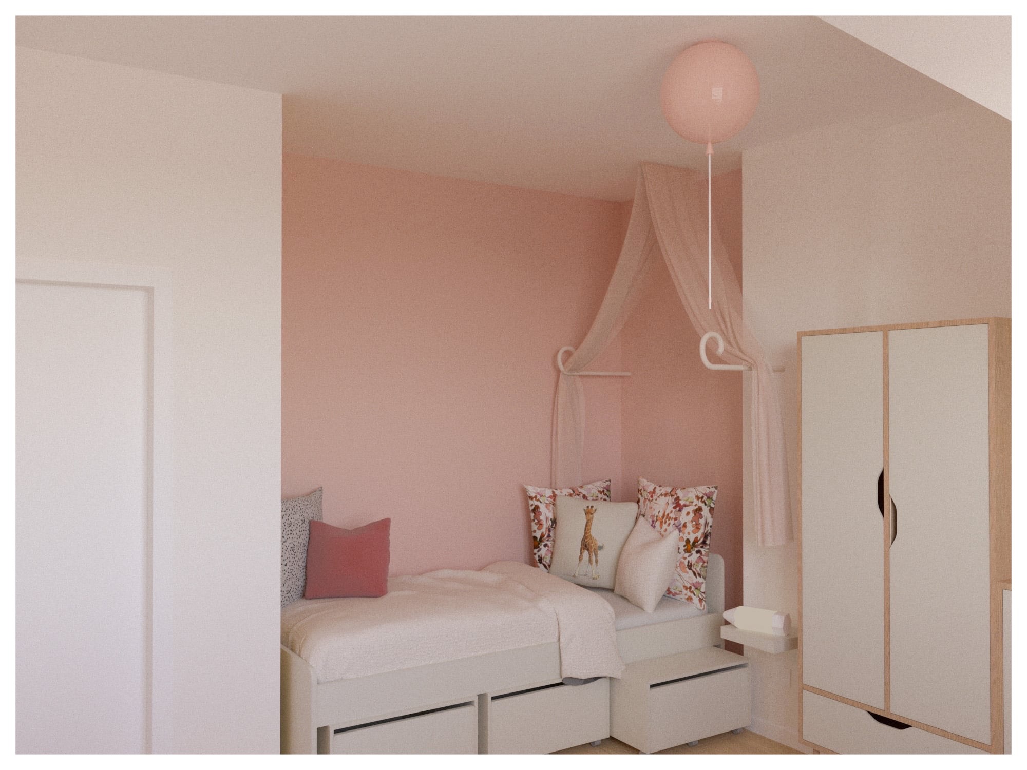 Pokój dziecięcy w odcieniach różu z łóżkiem, baldachimem i szafą. Na łóżku poduszki dekoracyjne, w tym jedna z motywem żyrafy. Pastelowa kolorystyka, minimalistyczny styl.