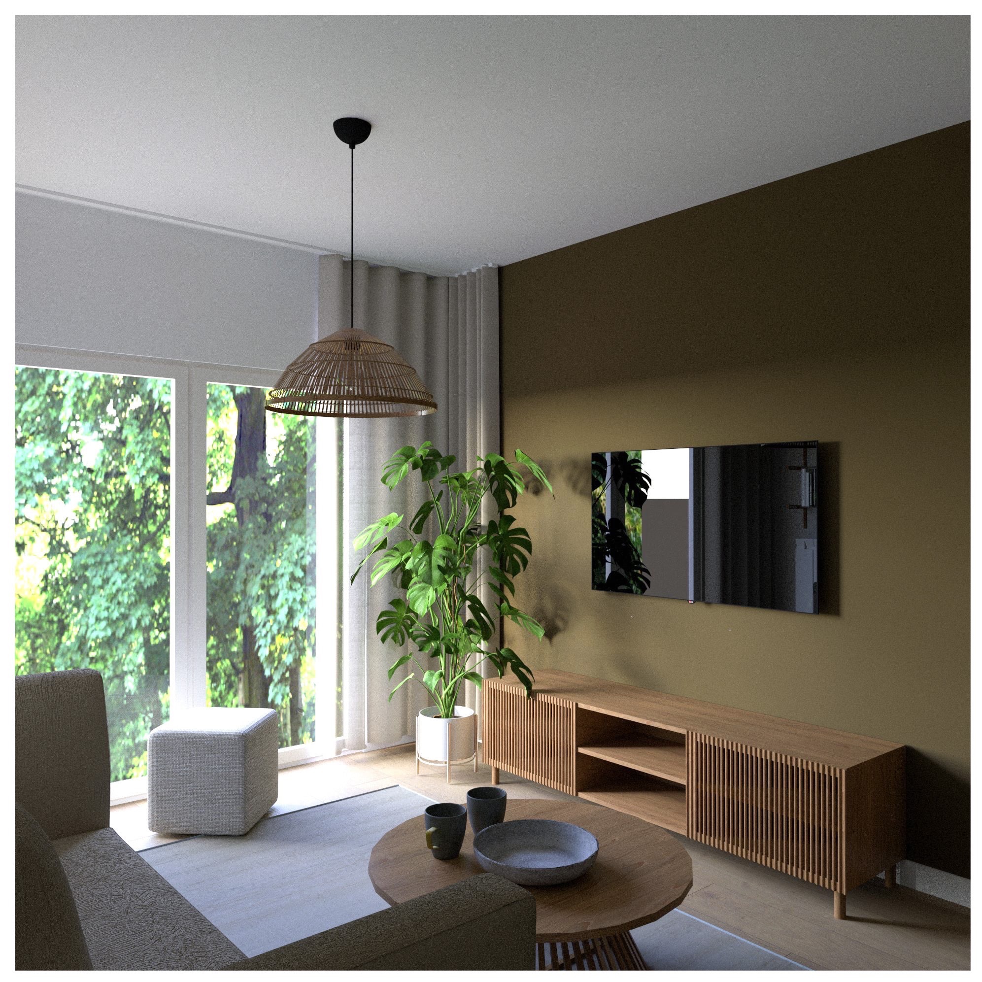 Wizualizacja salonu z drewnianą szafką RTV, okrągłym stolikiem kawowym i dużą rośliną doniczkową. Naturalne światło wpada przez okno, oświetlając wnętrze.