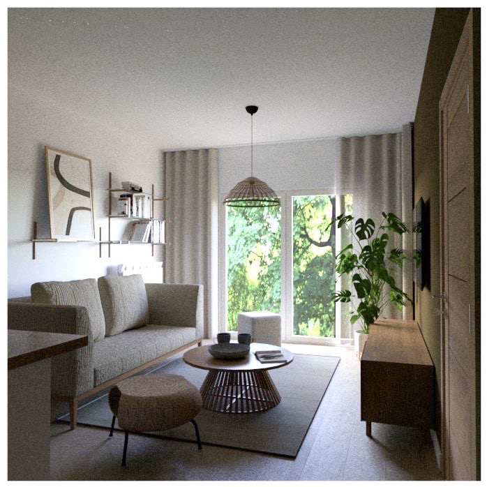 Jasne wnętrze salonu z sofą, stolikiem kawowym i roślinami. Duże okno z widokiem na zieleń. Minimalistyczny design z elementami naturalnymi i ciepłym oświetleniem.