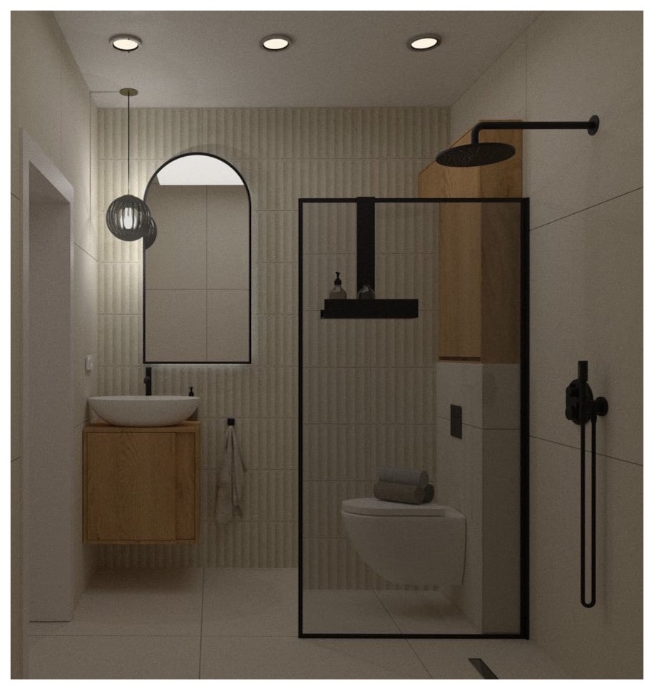Nowoczesna łazienka z kabiną typu walk-in, umywalką nablatową na drewnianej szafce i lustrem w czarnej ramie. Beżowe płytki z subtelną fakturą i czarne akcenty.