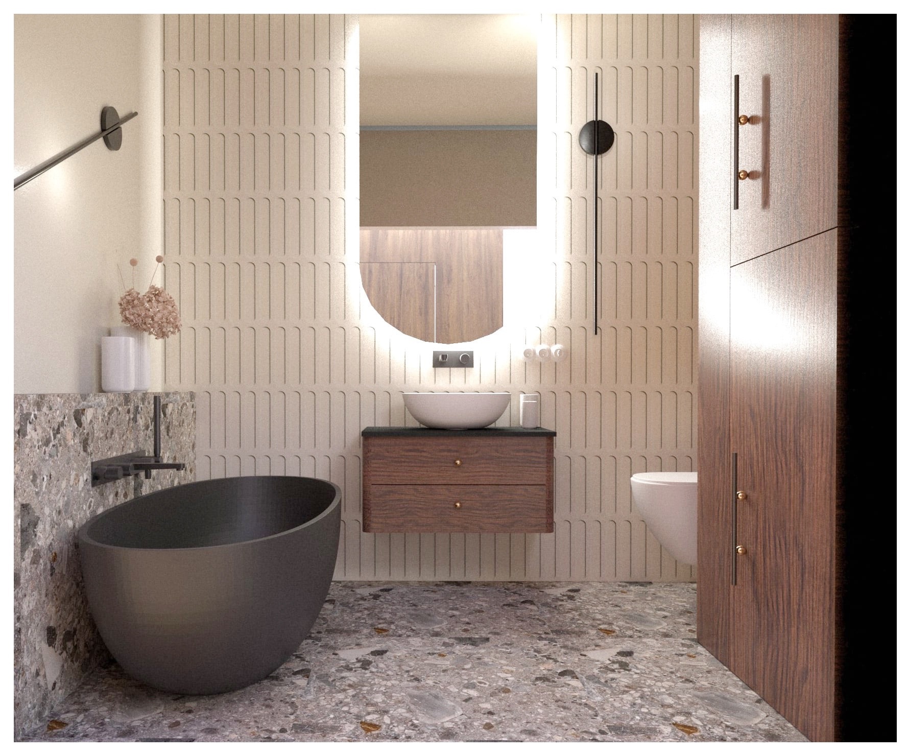 Nowoczesna łazienka z wolnostojącą wanną, umywalką na szafce z drewnianym frontem i podświetlanym lustrem. Beżowe ściany z dekoracyjnym wzorem i podłoga z lastryko.