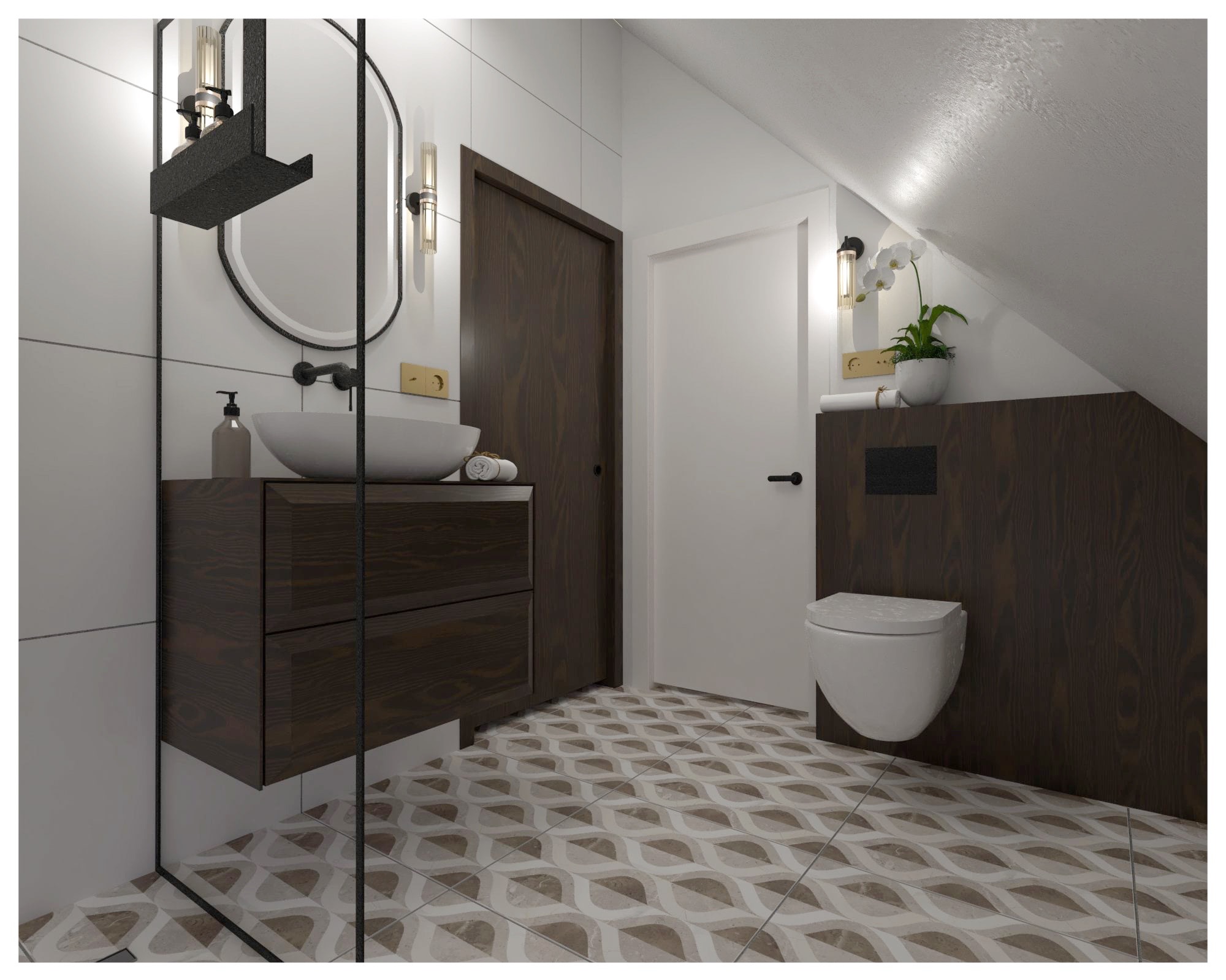 Nowoczesna łazienka na poddaszu z umywalką nablatową, lustrem w czarnej ramie i wzorzystą podłogą. Uwagę zwraca oświetlenie i minimalistyczna toaleta.