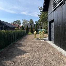 Przygotowany teren pod budowę lub ogród z wyrównaną ziemią, widoczne trzy krzewy hortensji na tle nowoczesnego, ciemnego domu z żaluzjami zewnętrznymi.