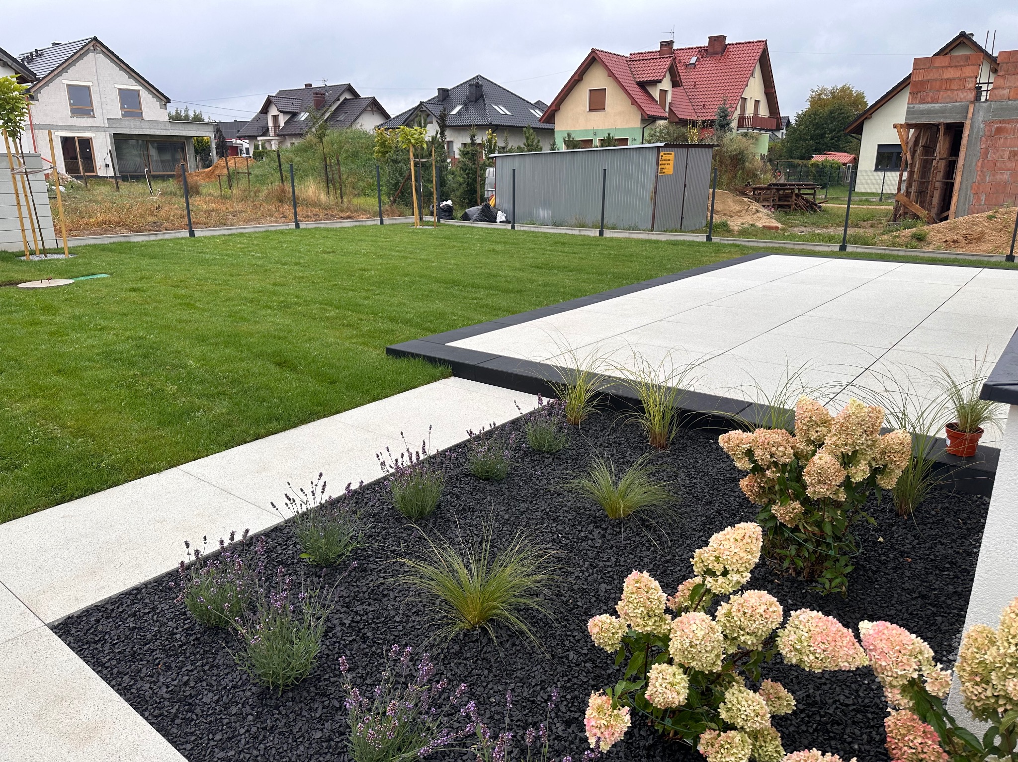 Nowoczesny ogród z trawnikiem, białymi płytami tarasowymi i rabatą z czarnym grysem, lawendą i hortensjami. W tle zabudowa jednorodzinna.