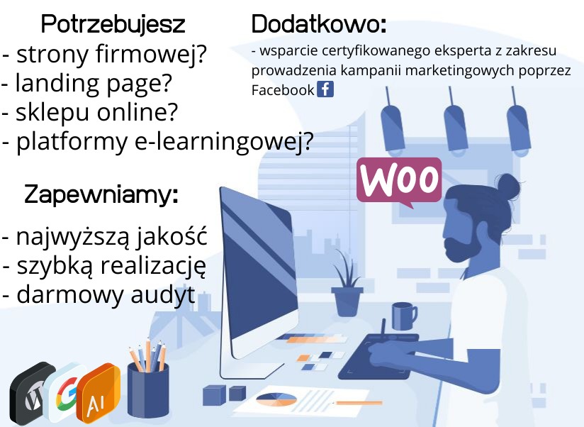 Ilustracja graficzna prezentująca ofertę tworzenia stron internetowych, landing page, sklepów online i platform e-learningowych. Widoczny projektant pracujący na tablecie graficznym, ikony...