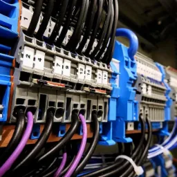 Szczegółowe ujęcie listwy zaciskowej z przewodami w kolorach czarnym i fioletowym, uporządkowane okablowanie w szafie elektrycznej, widoczne oznaczenia numerów na złączkach.