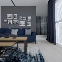 Wizualizacja salonu w odcieniach szarości i granatu z ceglaną ścianą, zegarem w stylu industrialnym i galerią czarno-białych zdjęć nad granatową sofą. Na pierwszym planie stolik kawowy z drewnianym...