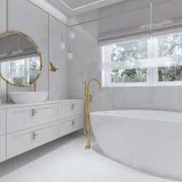 Jasna łazienka z białymi płytkami, dwoma umywalkami nablatowymi i wolnostojącą wanną, złote akcenty, w tym baterie i uchwyty w kształcie ważek, okrągłe lustra z złotymi ramami.