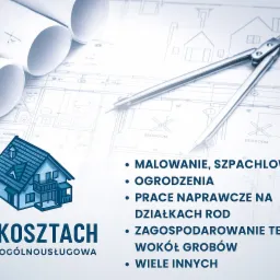 Ilustracja domu na planach architektonicznych z narzędziami kreślarskimi, obok lista usług firmy ogólnobudowlanej. Oferta 'po kosztach'.