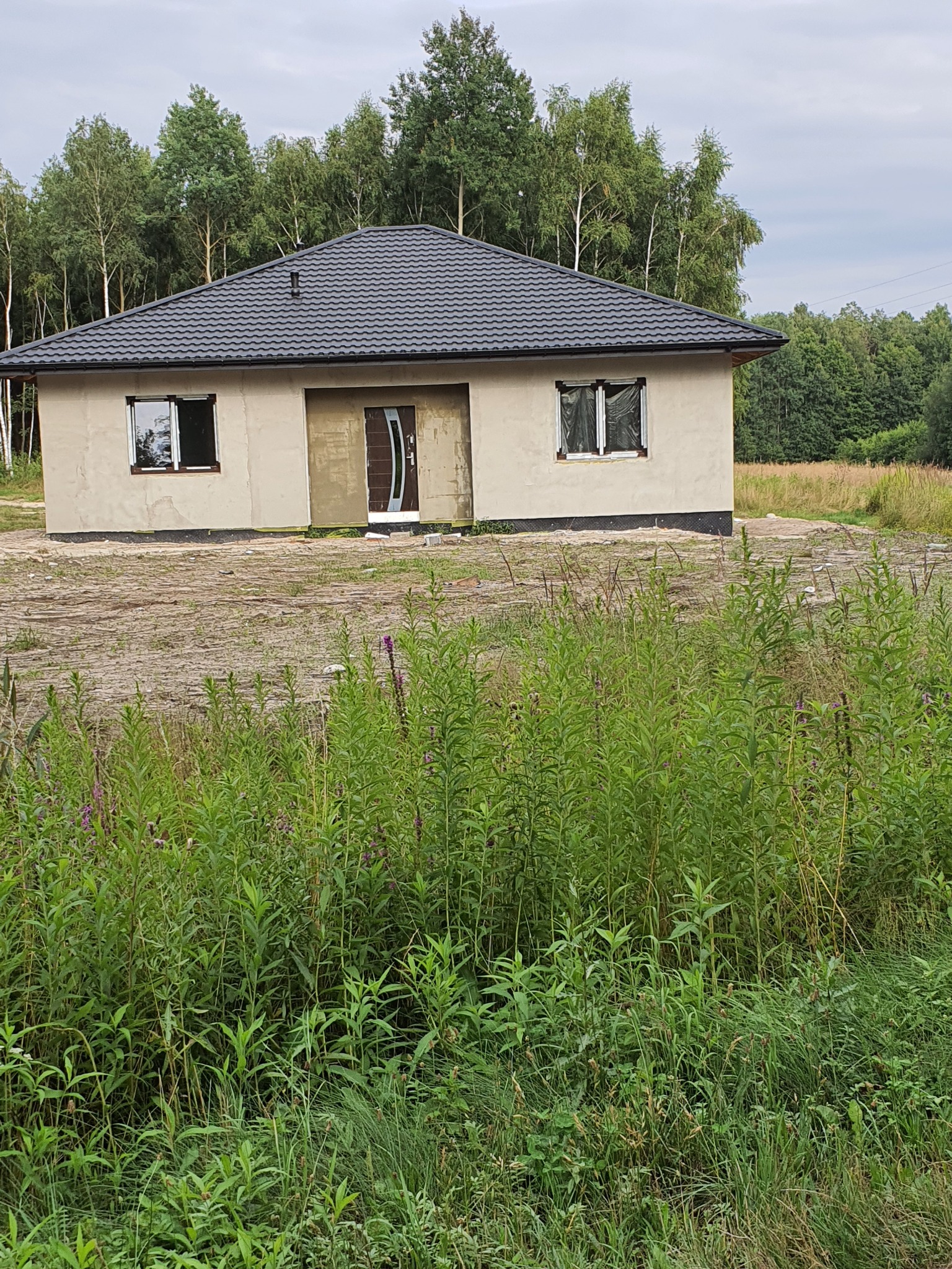 Niedokończony dom jednorodzinny z szarą dachówką, okna zabezpieczone folią, elewacja w trakcie prac, otoczony zielenią.