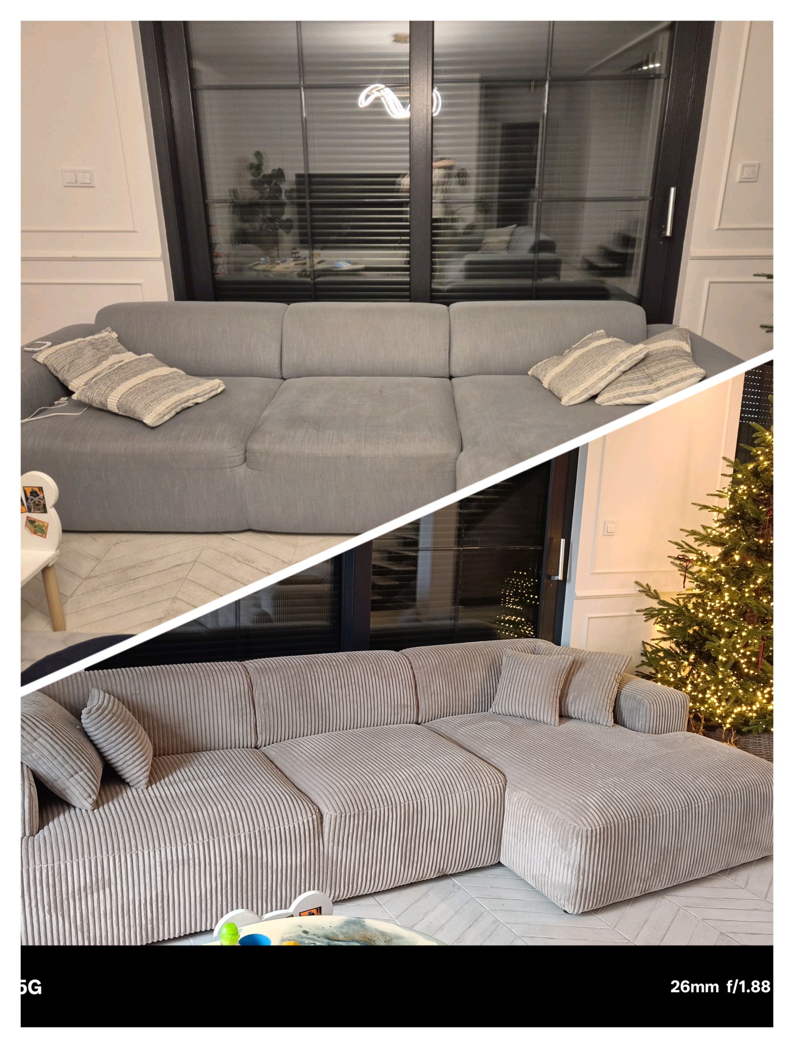 Sofa narożna przed i po renowacji: szara, gładka tkanina zamieniona na beżową, prążkowaną. W tle okno z żaluzjami i choinka.