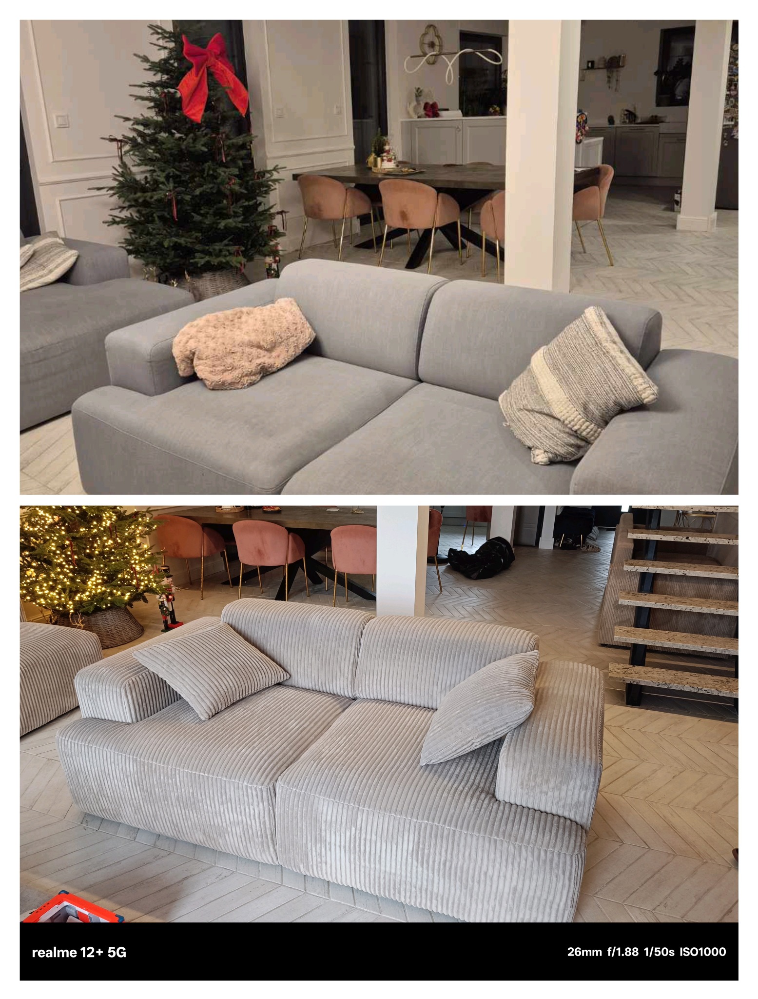 Dwa ujęcia szarej sofy modułowej w salonie z parkietem w jodełkę, w tle stół z krzesłami i choinka z czerwoną kokardą. Sofa z poduszkami w różnych odcieniach szarości.