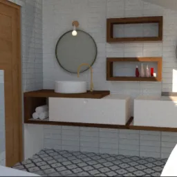 Nowoczesna łazienka z dwoma umywalkami nablatowymi, okrągłymi lustrami podświetlanymi od góry, drewnianymi półkami i wzorzystą podłogą z płytek.