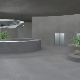 Minimalistyczne wnętrze biurowe z betonowymi elementami, roślinami w okrągłych donicach i nowoczesną, geometryczną lampą wiszącą.