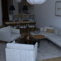 Wizualizacja salonu z otwartą kuchnią, szara sofa narożna, dwa fotele obite tkaniną boucle, drewniany stół jadalny z krzesłami, parkiet w jodełkę, lampy wiszące i abstrakcyjny obraz na ścianie.