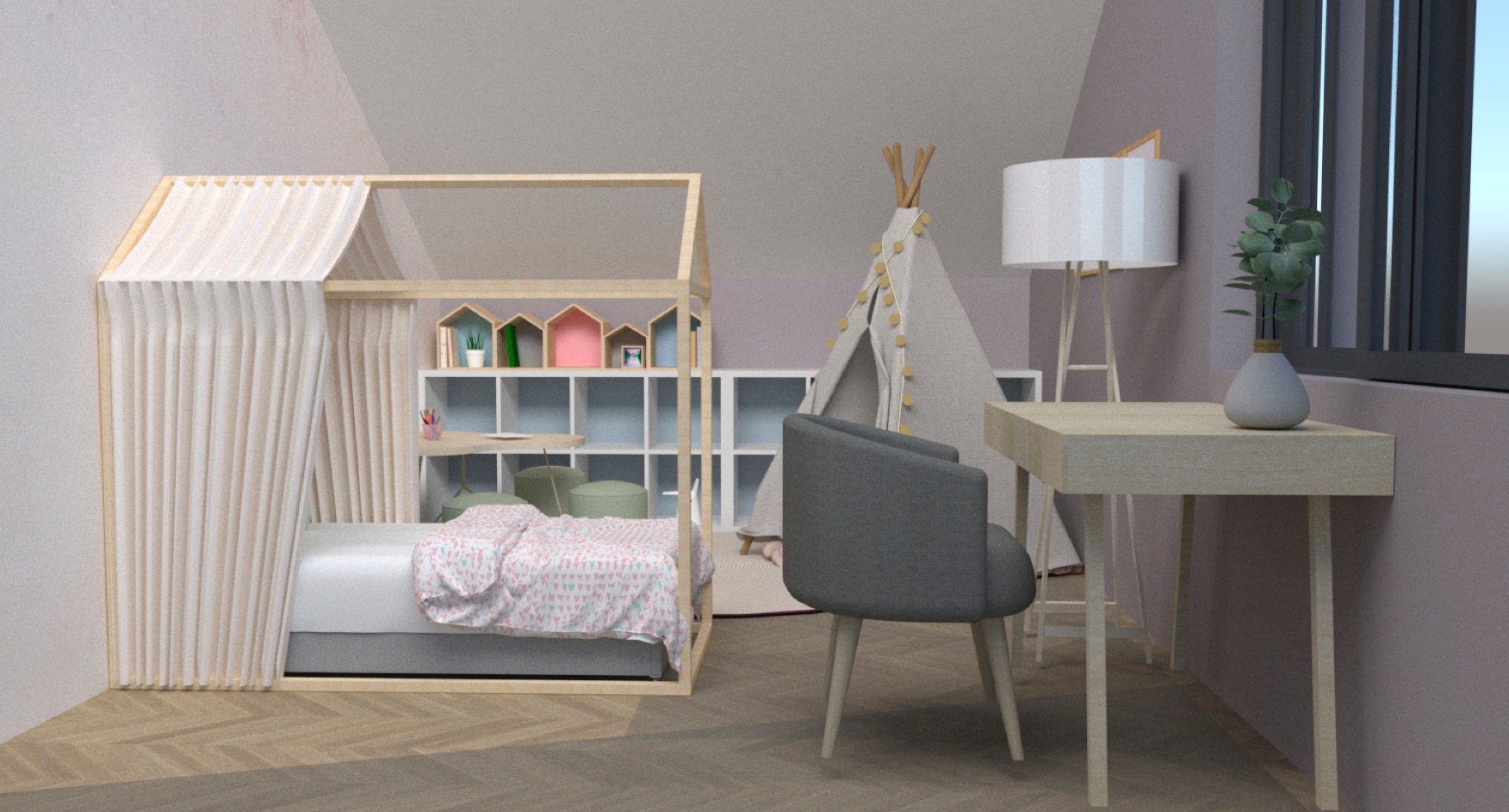 Wizualizacja pokoju dziecięcego z łóżkiem w kształcie domku z zasłonami, tipi, biurkiem i szarą tapicerowaną krzesłem na tle ściany w pastelowych kolorach.