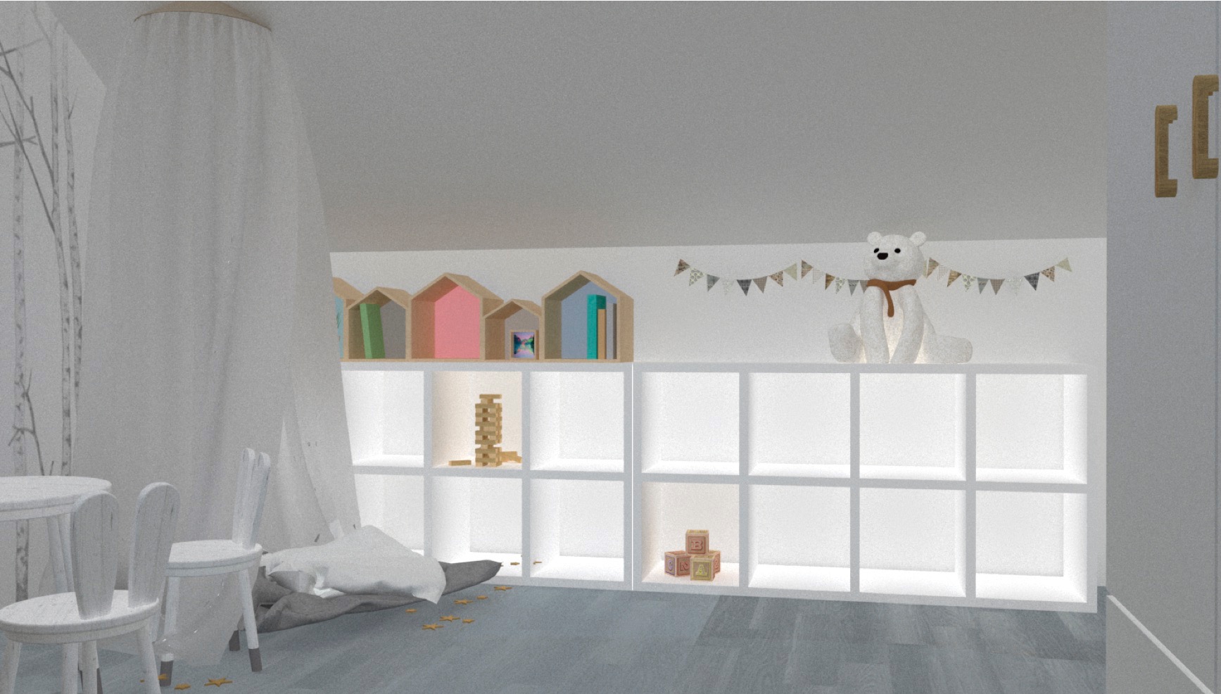 Wizualizacja pokoju dziecięcego w odcieniach szarości i bieli z niskimi regałami na zabawki, tipi z baldachimem i stolikiem z krzesełkami.