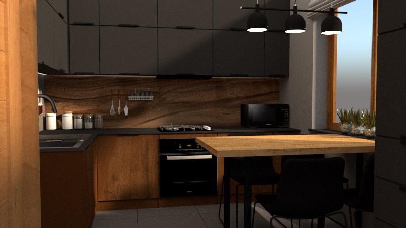 Nowoczesna kuchnia w Gizałkach z drewnianymi frontami szafek dolnych i czarnymi górnymi, oświetlenie punktowe nad blatem, drewniany stół z czarnymi krzesłami, minimalistyczny design.