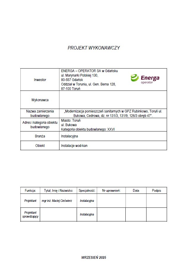 Projekt wykonawczy modernizacji instalacji wod-kan w Toruniu, wrzesień 2025. Dokument zawiera dane inwestora, wykonawcy i projektanta instalacji.
