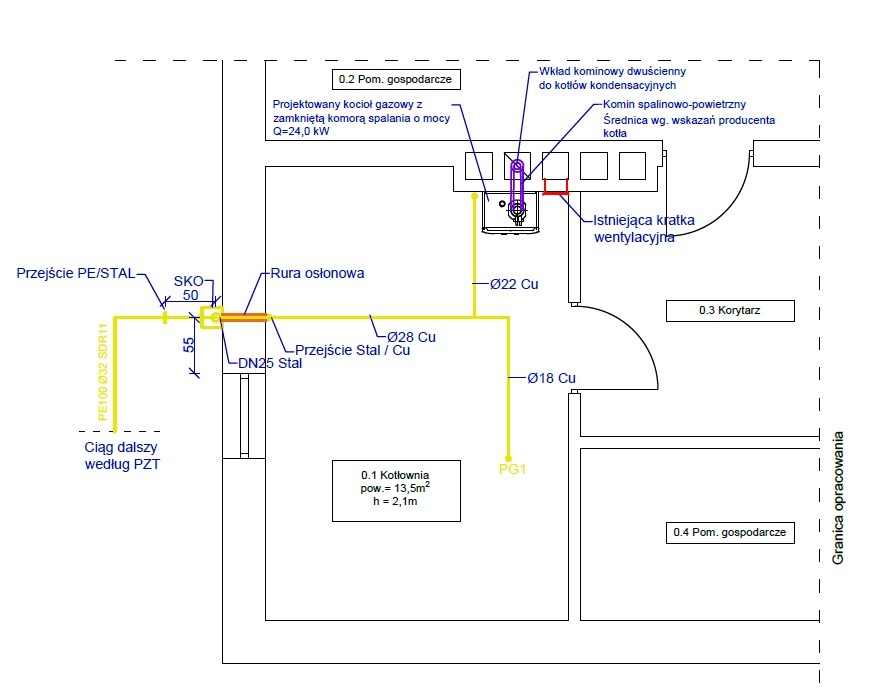 Schemat instalacji gazowej w kotłowni z zaznaczonymi rurami (PE/STAL, Cu, Stal), kotłem gazowym i kominem. Widoczne wymiary i oznaczenia.