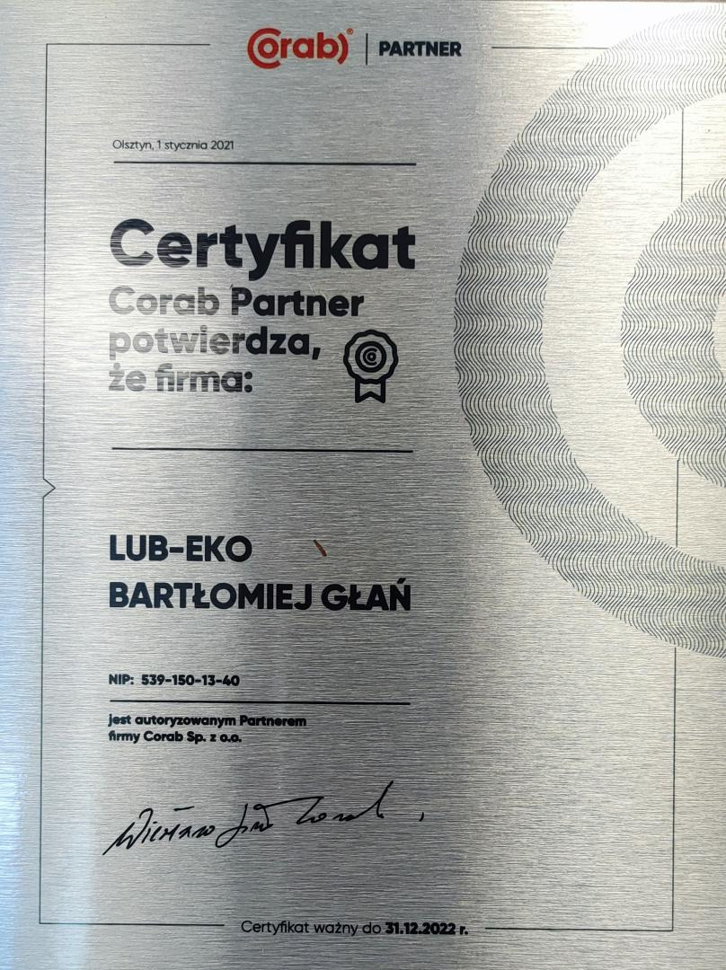Certyfikat Corab Partner dla firmy LUB-EKO Bartłomiej Głań, ważny do 31.12.2022, na srebrnym tle z delikatnym wzorem fal.
