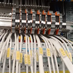 Szczegółowe ujęcie szafy rozdzielczej z licznymi białymi przewodami oznaczonymi żółtymi etykietami z nadrukiem 'LED', podłączonymi do szyny DIN z zaciskami w kolorze szarym, czarnym i pomarańczowym.