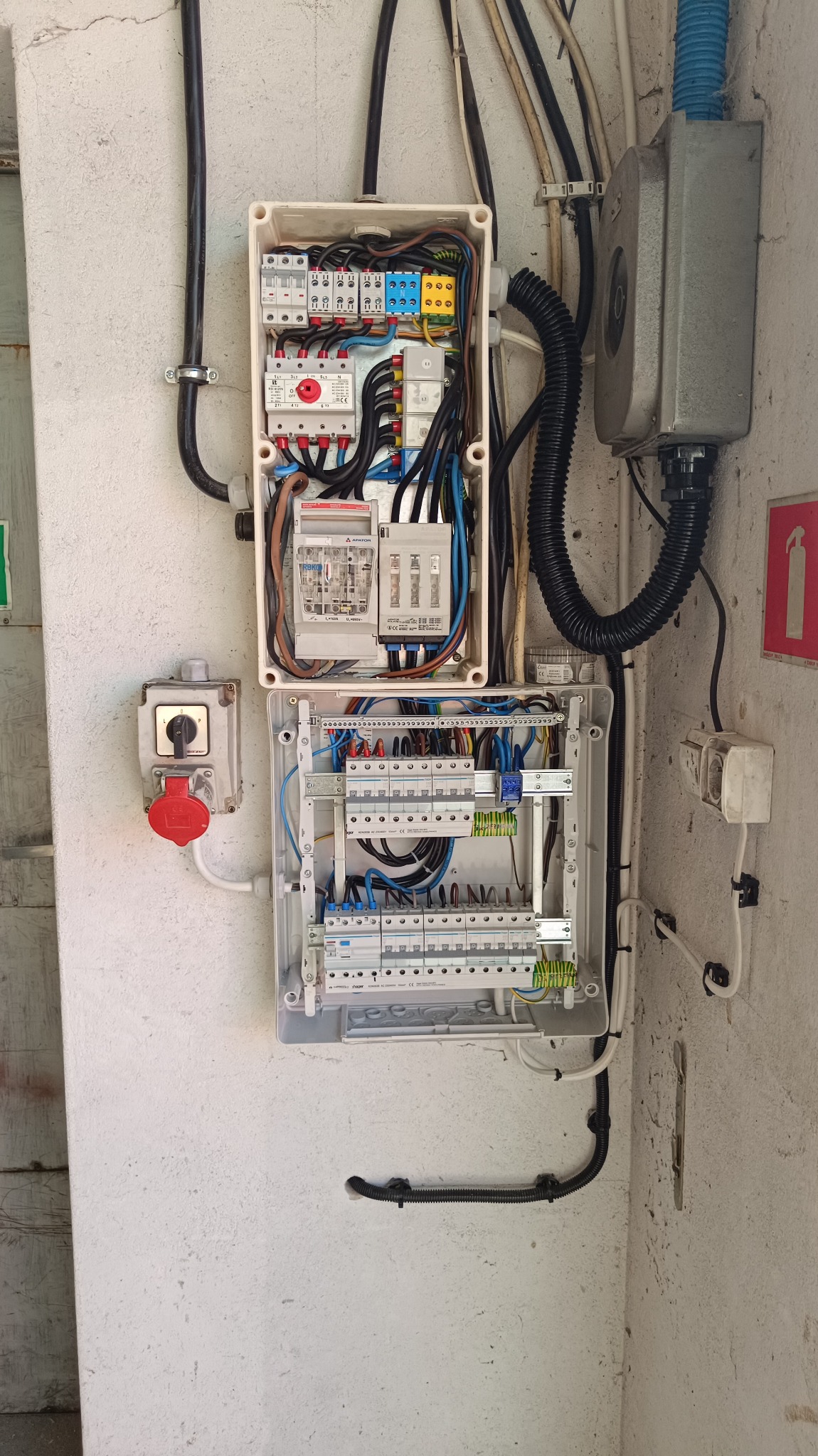 Rozdzielnica elektryczna z bezpiecznikami i przewodami, zamontowana na ścianie w Rudnikach. Widoczne dwa otwarte panele z różnymi elementami instalacji elektrycznej, w tym bezpieczniki i złącza.