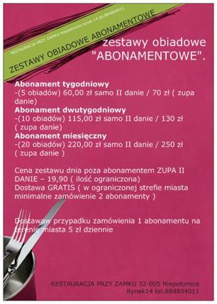 Różowa ulotka z ofertą abonamentów obiadowych restauracji, widelcem i nożem w tle. Promocja na zestawy obiadowe z dostawą.