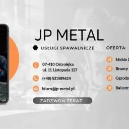 Grafika reklamowa firmy JP Metal oferującej usługi spawalnicze, bramy, ogrodzenia i balustrady, prezentująca spawacza w trakcie pracy wewnątrz smartfona.