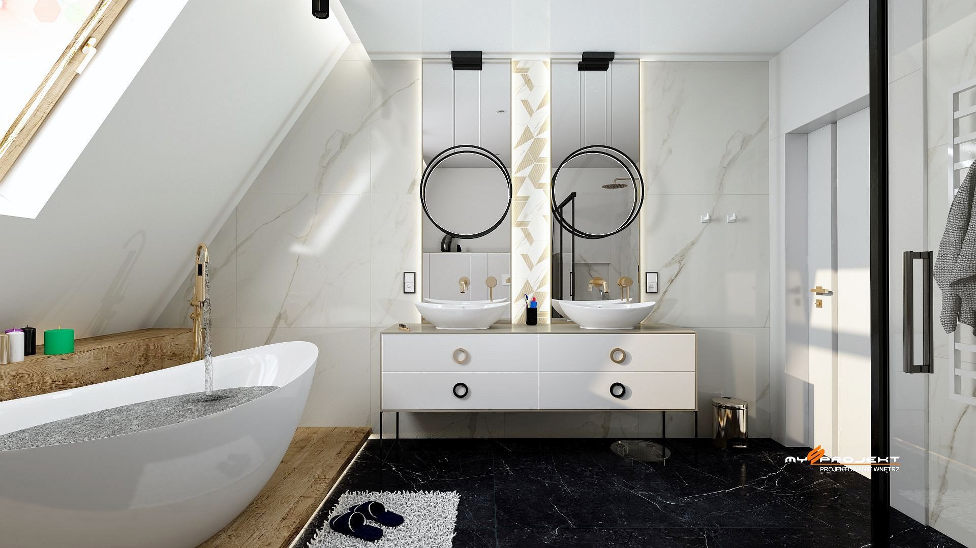 Nowoczesna aranżacja łazienki w Płocku: biała wanna wolnostojąca, marmurowe płytki ścienne, czarna posadzka i okrągłe lustra nad umywalkami.