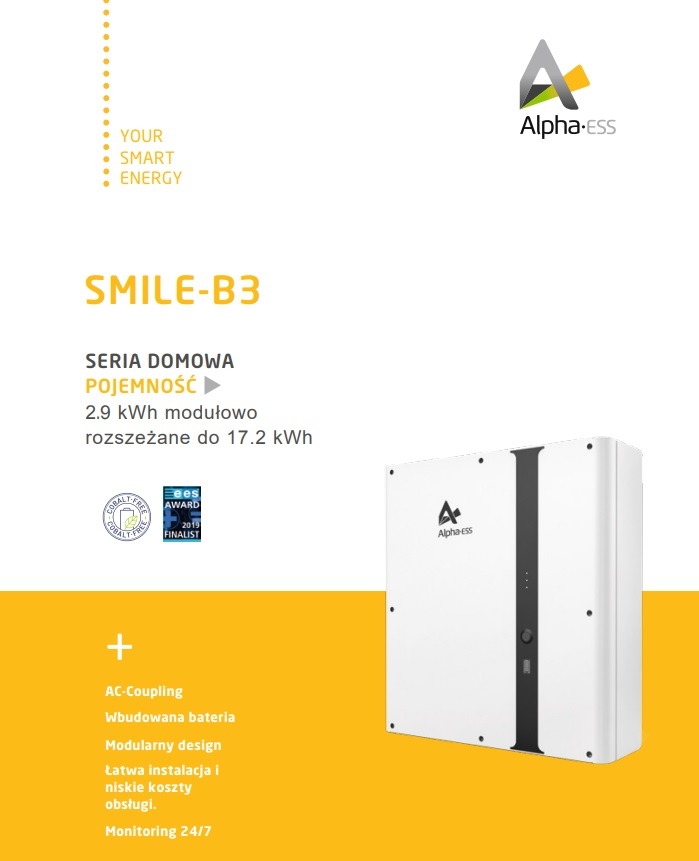 Biały magazyn energii Alpha-ESS Smile-B3 z informacjami o pojemności i certyfikatach, na żółto-białym tle prezentacyjnym.