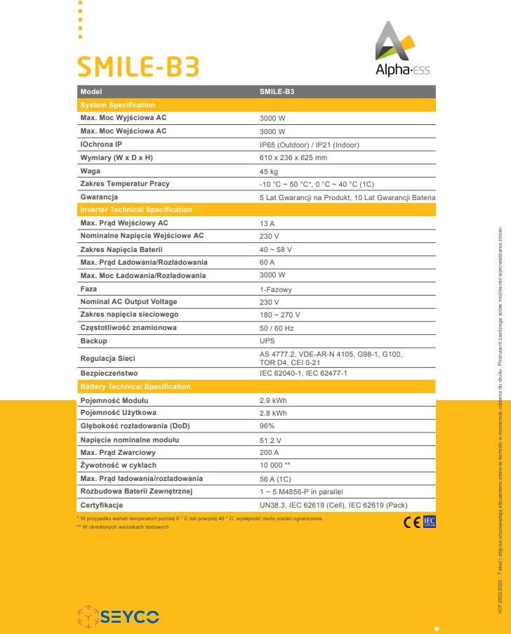 Specyfikacja techniczna magazynu energii Alpha-ESS SMILE-B3, zawierająca szczegółowe parametry dotyczące mocy, napięcia, pojemności i certyfikacji.