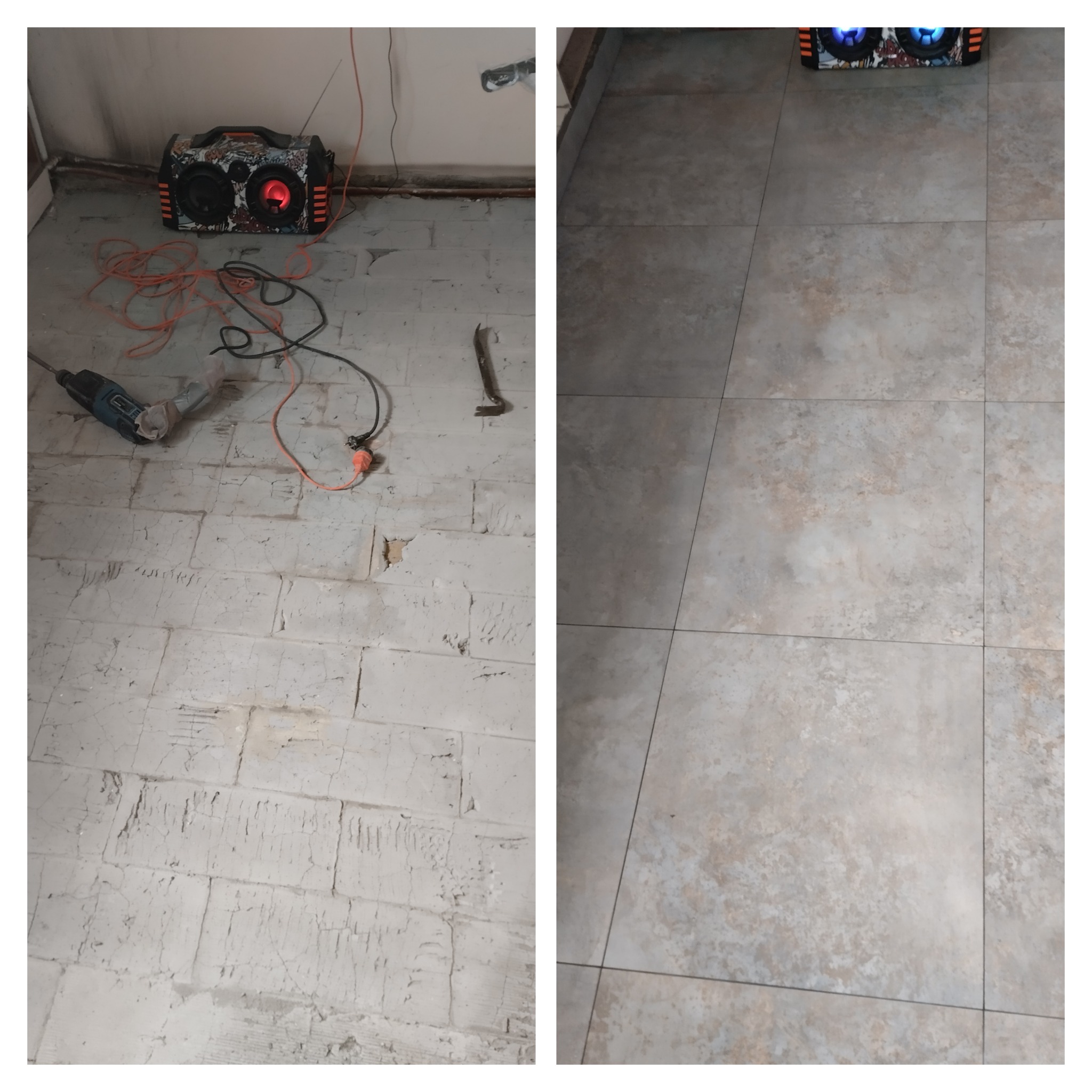Podział na dwie części: po lewej przygotowanie podłoża z resztkami starej posadzki, w tle głośnik, wiertarka i dłuto, po prawej ułożone płytki podłogowe w odcieniach beżu i szarości.