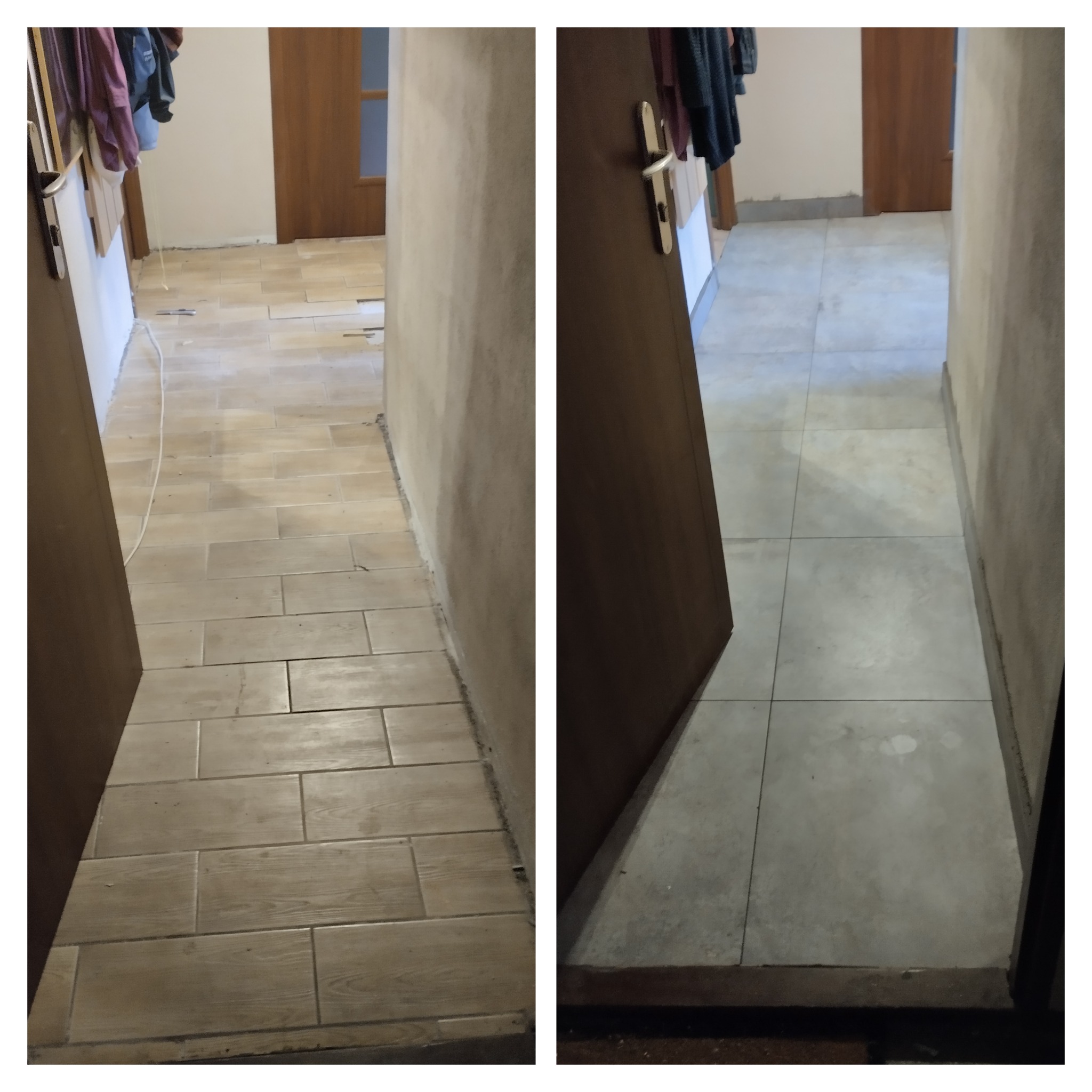 Porównanie dwóch etapów prac w Tychach: po lewej ułożone płytki imitujące drewno w korytarzu, po prawej jasne, kwadratowe płytki podłogowe w wąskim przejściu, widoczne niedoskonałości wykończenia...
