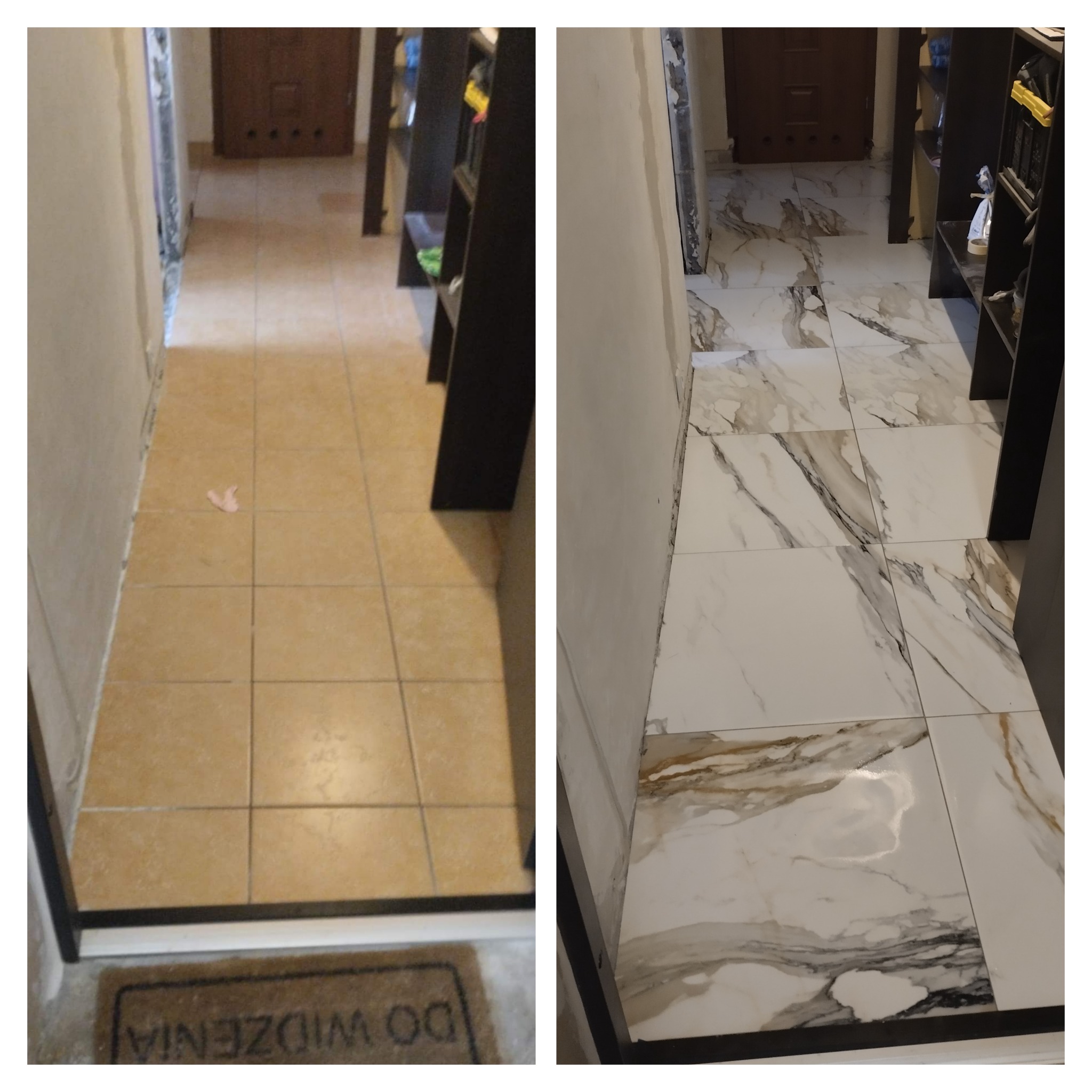 Porównanie podłogi w korytarzu przed i po remoncie: stare, beżowe płytki kontra nowe, białe płytki imitujące marmur z szarymi i brązowymi żyłami, widoczne fragmenty ściany i regału.