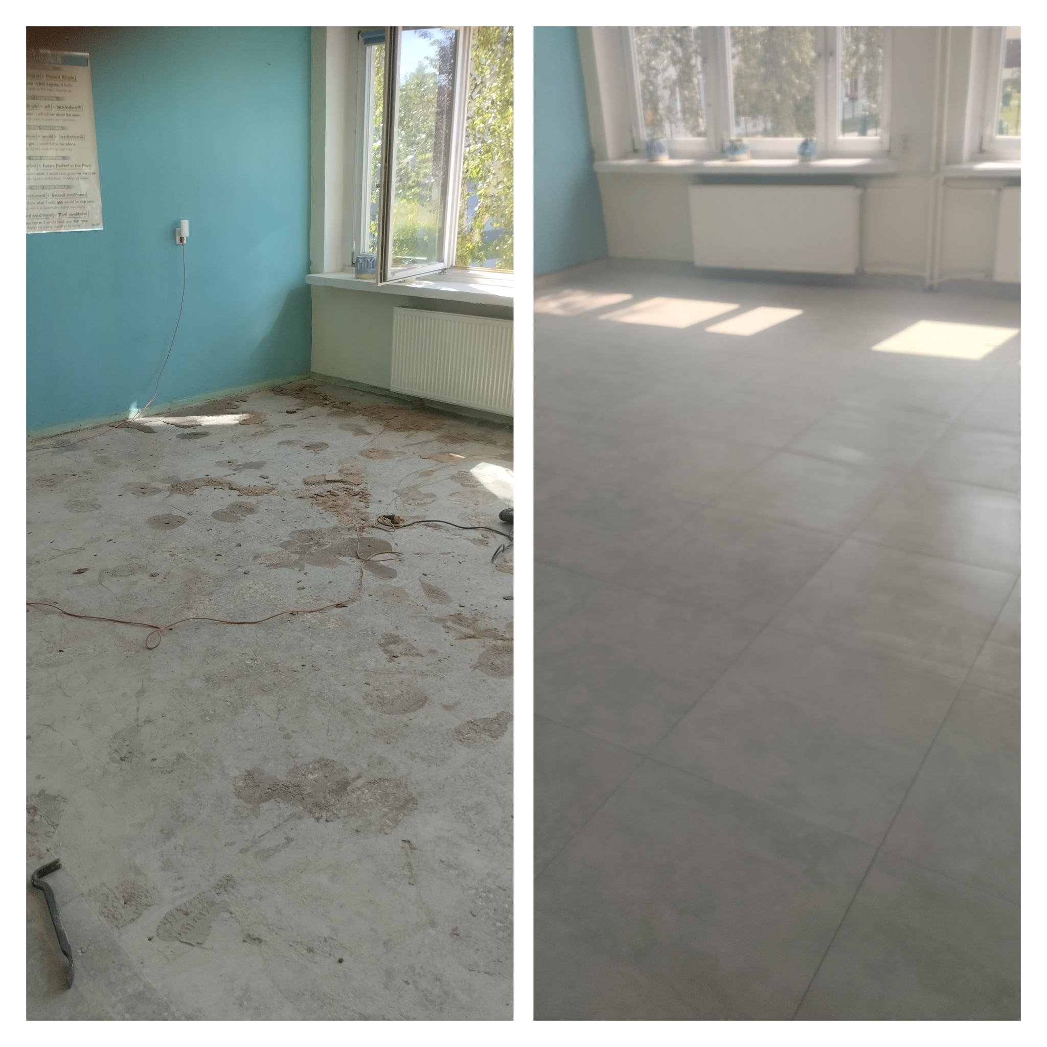 Porównanie stanu podłogi przed i po: po lewej przygotowana podłoże z resztkami kleju, narzędziem i kablami, po prawej ułożone szare płytki podłogowe w jasnym pokoju.