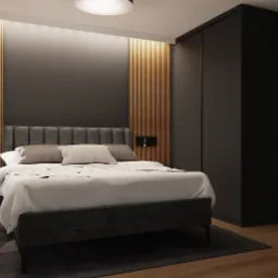Nowoczesna sypialnia z szarą tapetowaną ścianą za łóżkiem, drewnianymi panelami pionowymi po bokach, minimalistycznymi lampkami nocnymi i ciemną szafą wnękową.