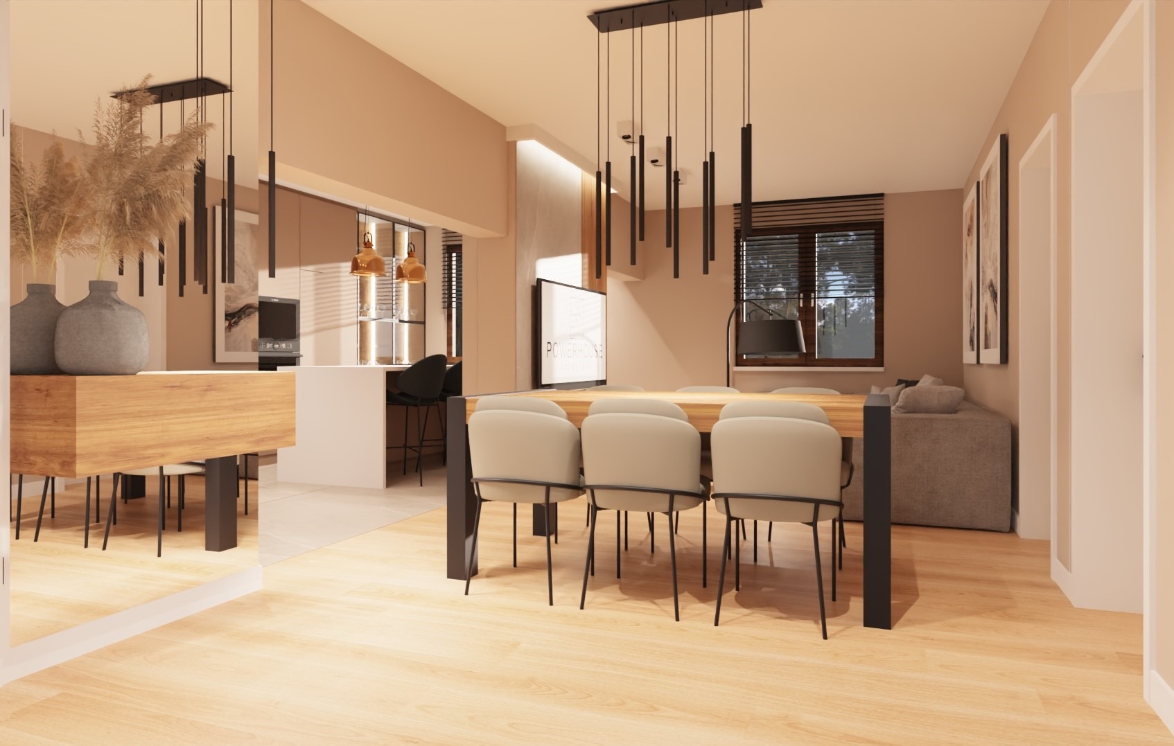 Wizualizacja wnętrza mieszkania z otwartą kuchnią, jadalnią i salonem w neutralnej kolorystyce. Duży drewniany stół otoczony krzesłami z beżową tapicerką. Nad stołem wiszą nowoczesne, czarne lampy.