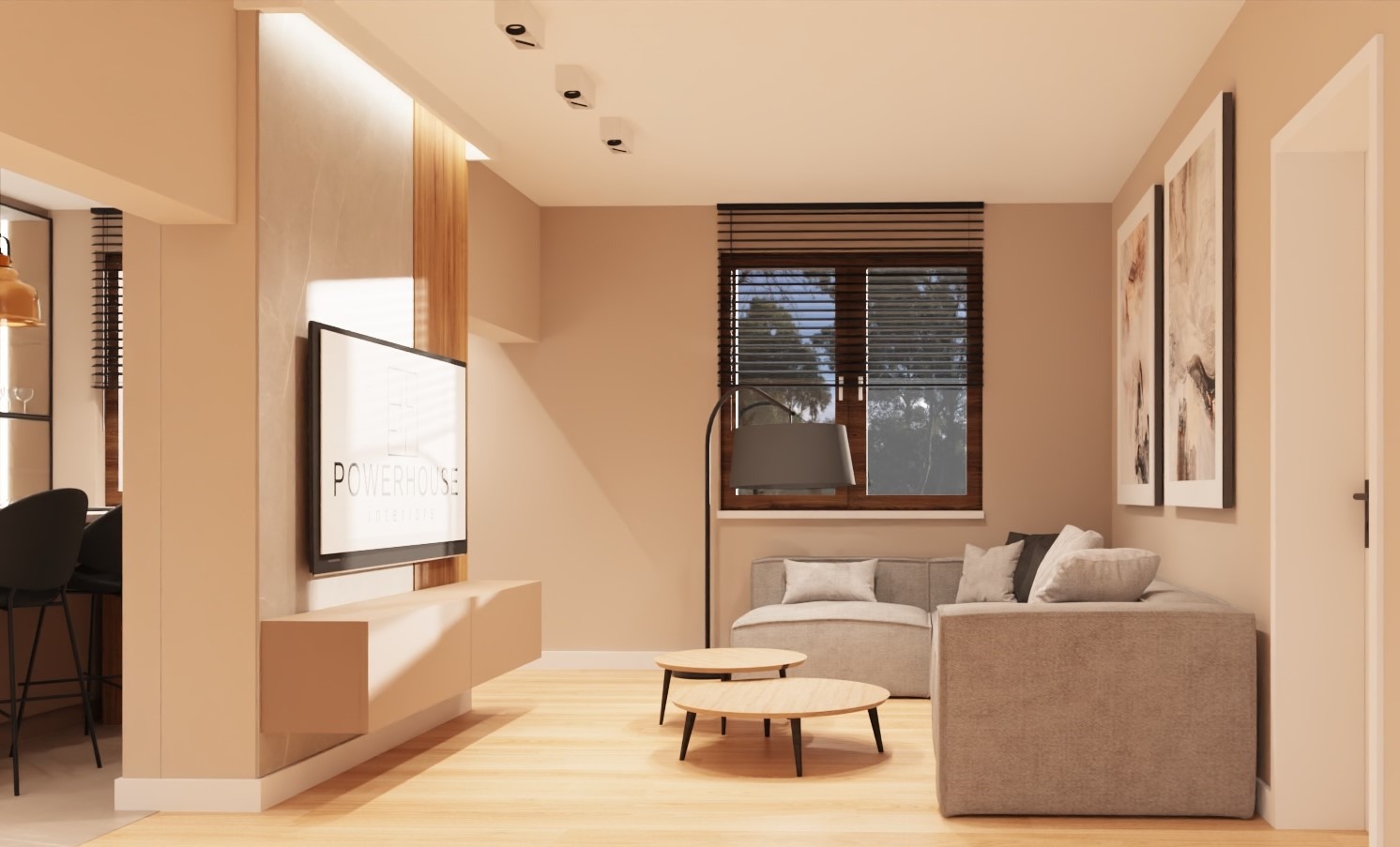 Wizualizacja salonu z jasną, modułową sofą, drewnianymi stolikami kawowymi i telewizorem z logo na ścianie z elementami drewna i marmuru.