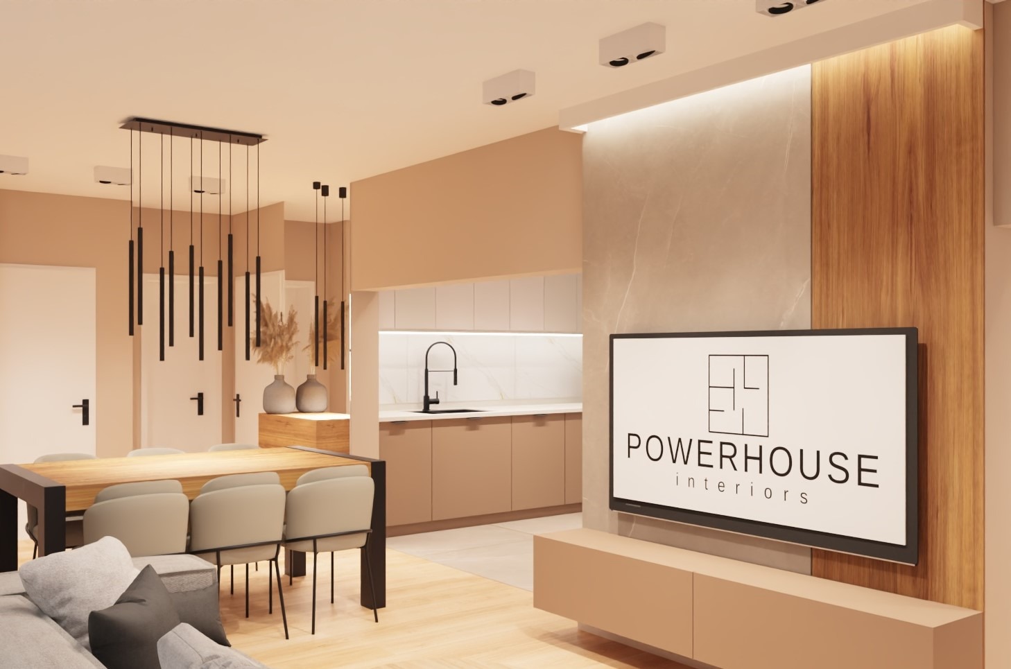 Wizualizacja nowoczesnego wnętrza mieszkania z otwartą kuchnią, jadalnią i salonem, oświetlona wiszącymi lampami tubami i spotami sufitowymi, z telewizorem prezentującym logo 'Powerhouse interiors'.
