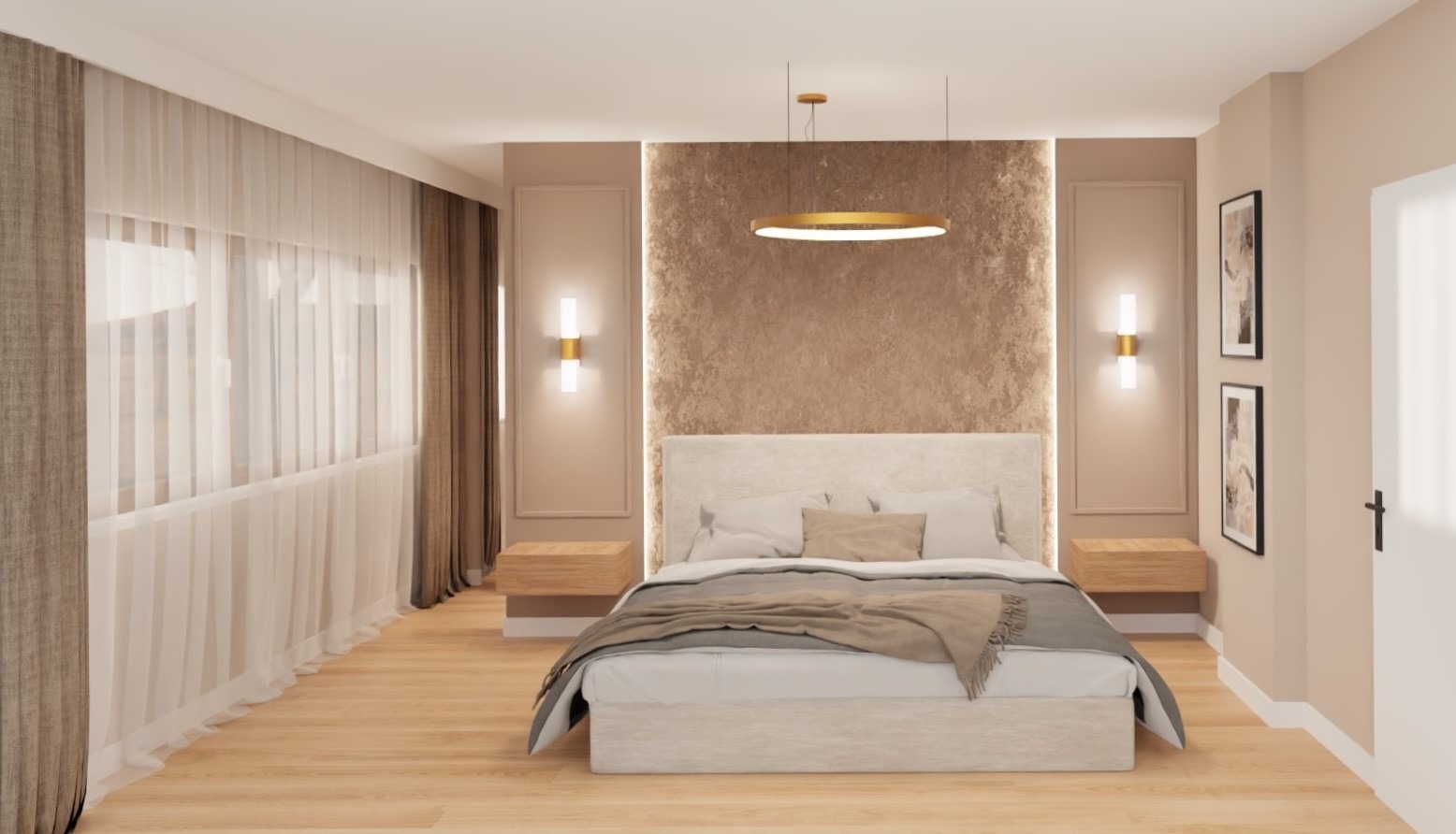 Wizualizacja sypialni w beżach z podwójnym łóżkiem, okrągłą lampą sufitową i minimalistycznymi szafkami nocnymi, oświetlona światłem dziennym wpadającym przez okno z delikatnymi zasłonami.
