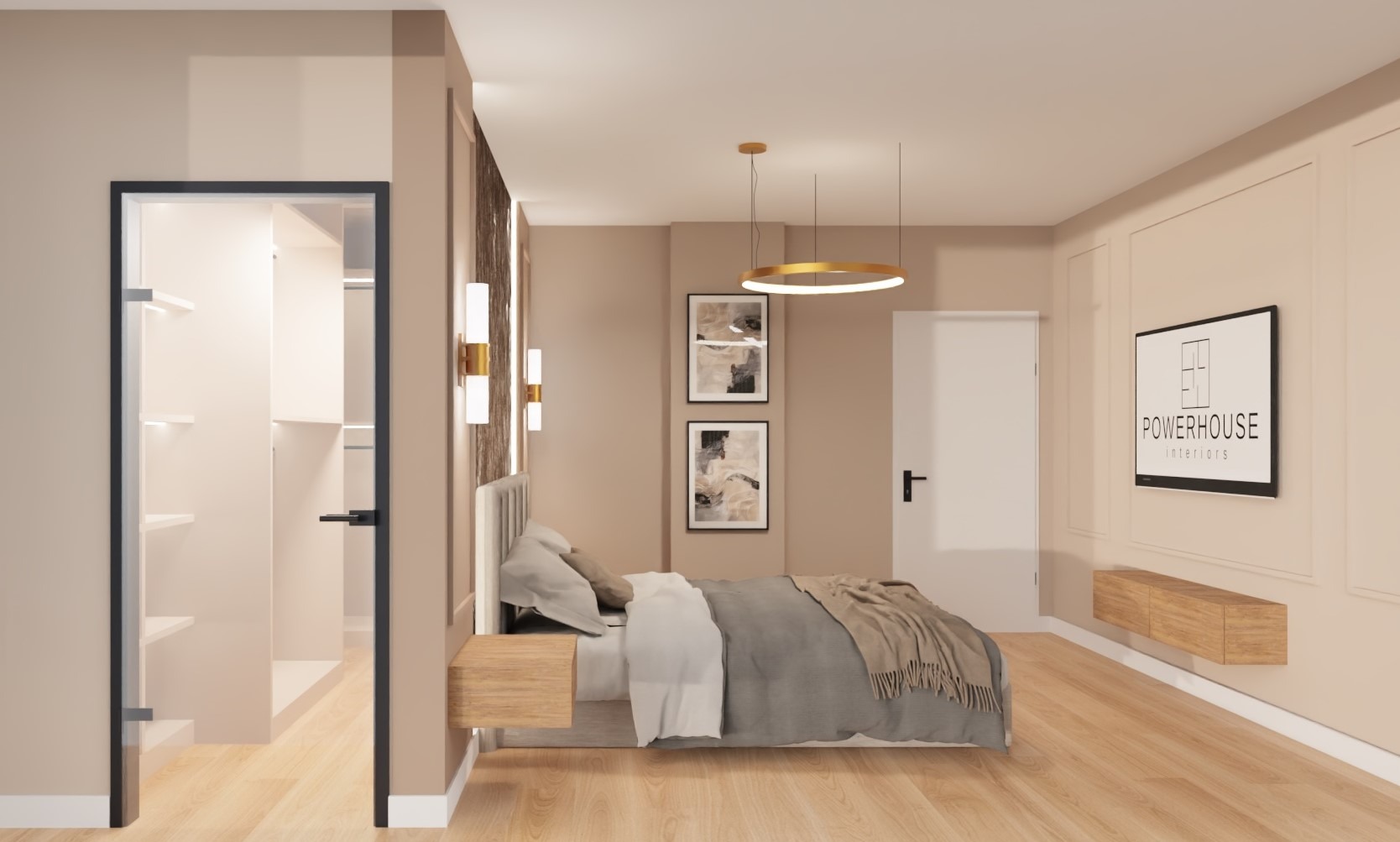 Wizualizacja sypialni z garderobą: łóżko z szarą narzutą, wiszące szafki nocne, oświetlenie punktowe, dekoracyjne obrazy na ścianie i przeszklone drzwi do garderoby z półkami.