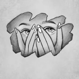 Czarno-biały rysunek przedstawiający parę oczu spoglądających przez palce dłoni z długimi, pomalowanymi paznokciami.