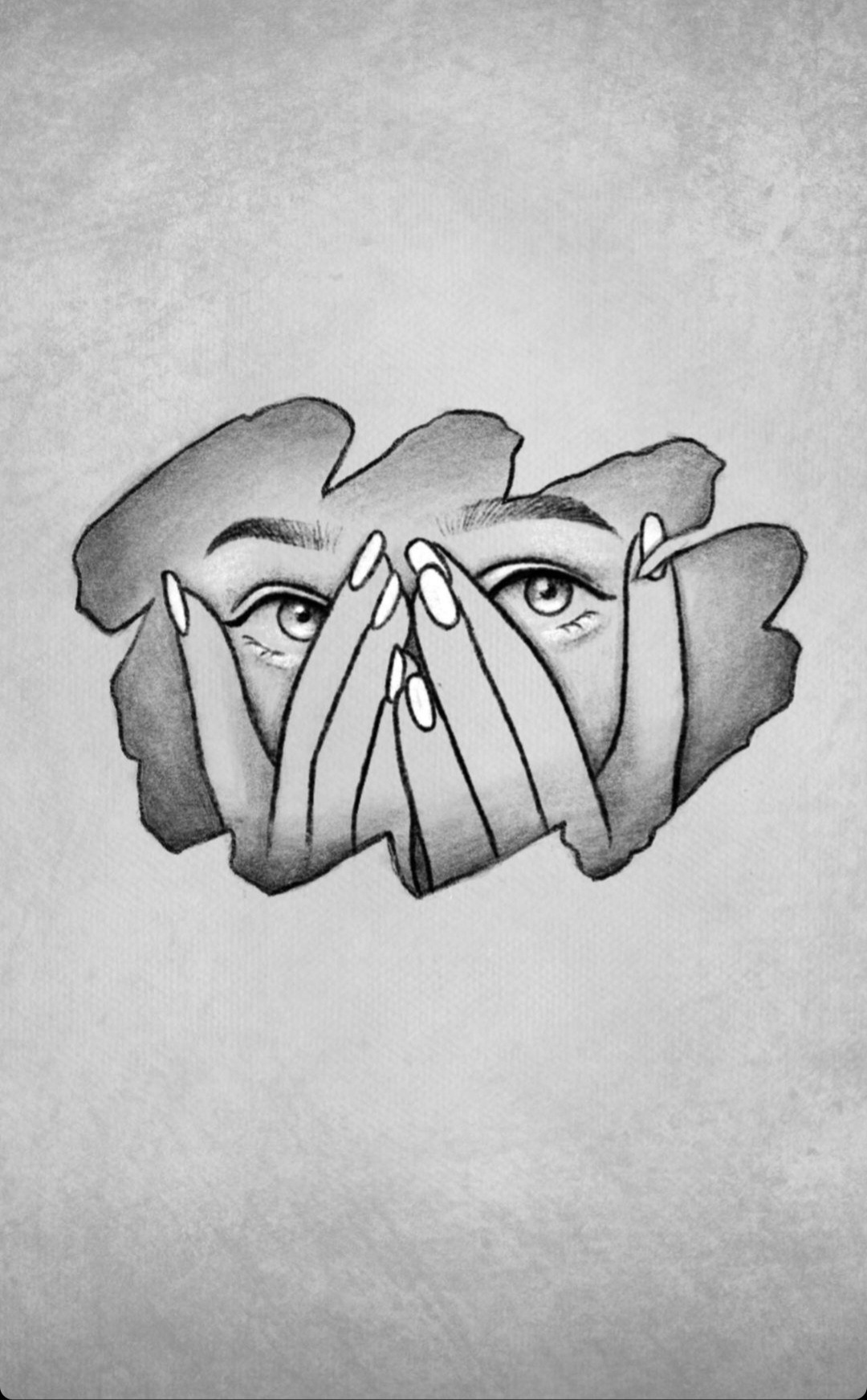 Czarno-biały rysunek przedstawiający parę oczu spoglądających przez palce dłoni z długimi, pomalowanymi paznokciami.