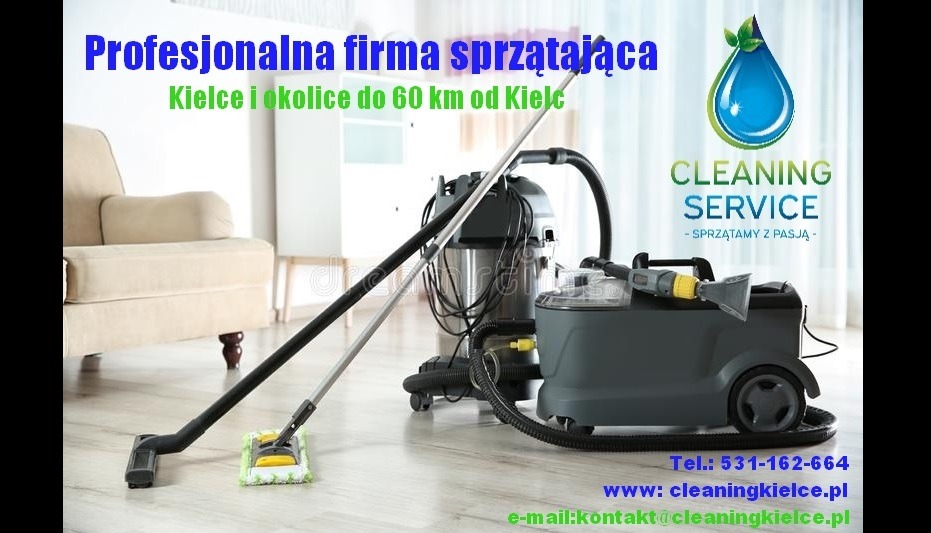 Profesjonalny sprzęt do czyszczenia podłóg i tapicerki, mop z mikrofibry, odkurzacz piorący oraz odkurzacz przemysłowy na tle jasnego wnętrza z beżowym fotelem.