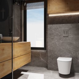 Nowoczesna łazienka 🚿 w szarościach- płytka Soapstone Gray 90x180 Pulido TAU Cerámica z dodatkami czerni 🖤 ocieplona drewnianymi akcentami w postaci mebli 😊